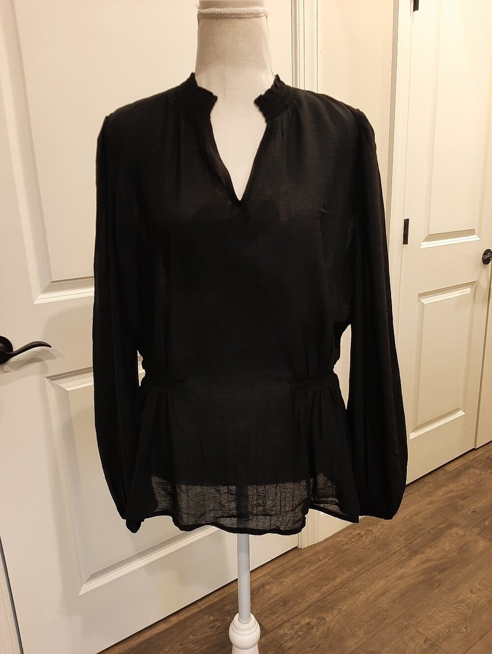 Esprit Black Smocked Neck Peplum Blouse | Size XS